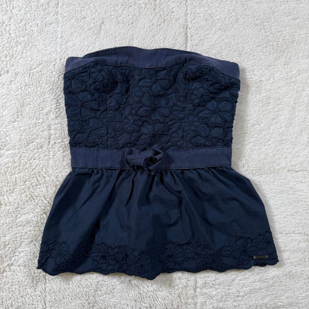 Vintage Y2K Hollister Co. Women’s Navy Blue  Floral Strapless Top Tank Shirt